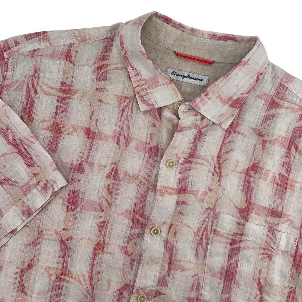 Tommy Bahama XXL Linen Shirt Pink White Plaid Floral Short Sleeve Button‎ Up